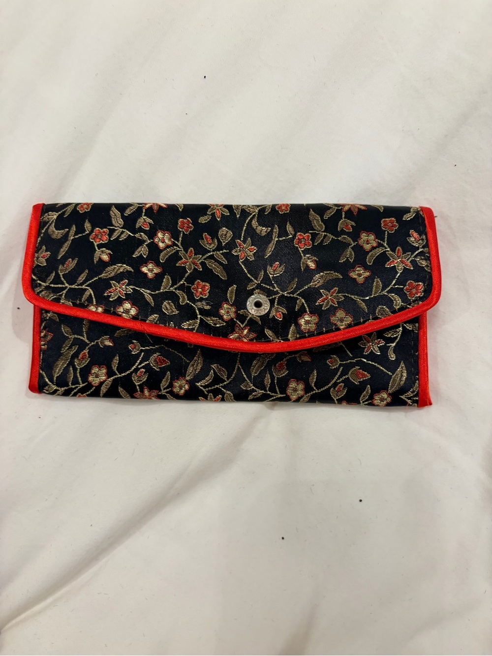 Black Floral Clutch Wallet with Red Trim